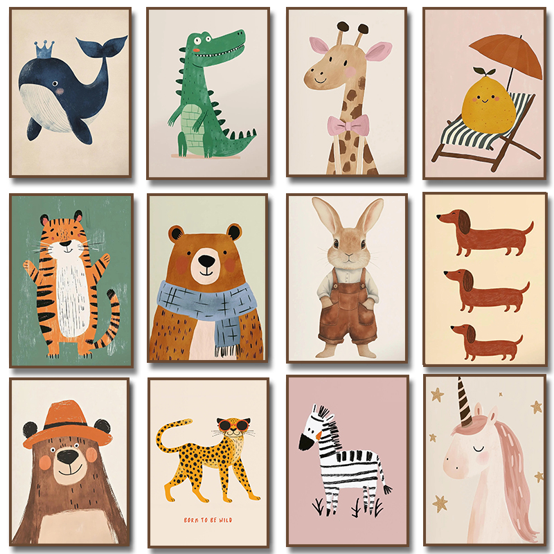 Baby Nursery Pictures - Affiche illustrative d'animaux mignons, licorne, ours,