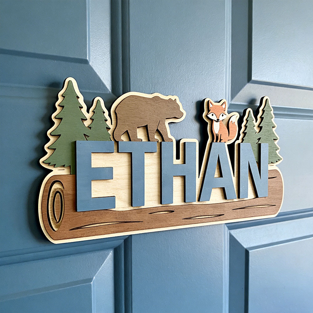 Animals Baby Nursery - Plaque en bois personnalisée avec nom,