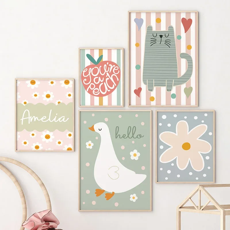 Baby Nursery Pictures - Dessin animé chat canard oiseau pomme