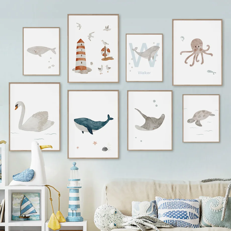 Baby Nursery Ocean - Toile d'Art Mural avec Nom Personnalisé